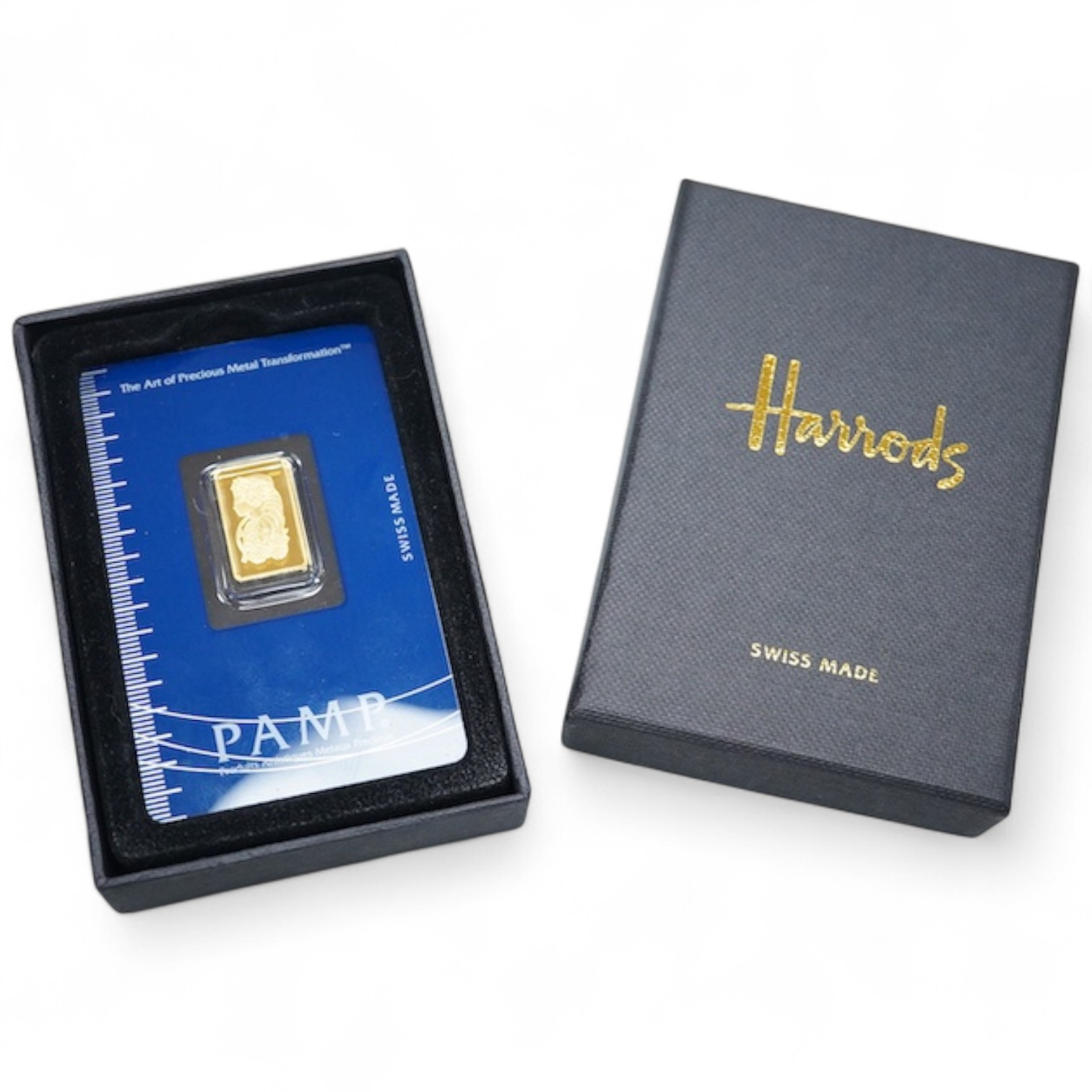 Swiss Gold bullion ingot, PAMP, 2.5g fine gold 999,9, serial no. 4**672, in Harrods retail box